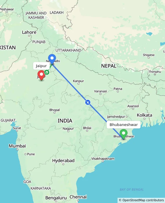 Route map showing distance and travel time from Bhubaneshwar, India to Jaipur, India
