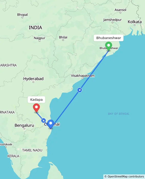 Route map showing distance and travel time from Bhubaneshwar, India to Kadapa, India