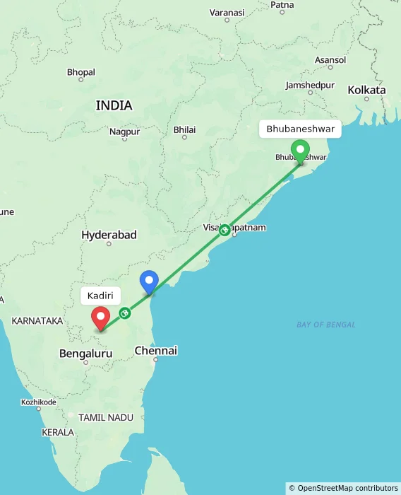 Route map showing distance and travel time from Bhubaneshwar, India to Kadiri, India