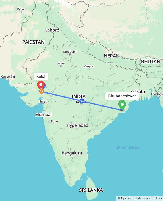 Route map showing distance and travel time from Bhubaneshwar, India to Kalol, India