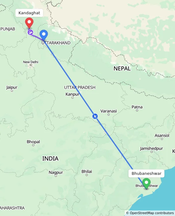 Route map showing distance and travel time from Bhubaneshwar, India to Kandaghat, India