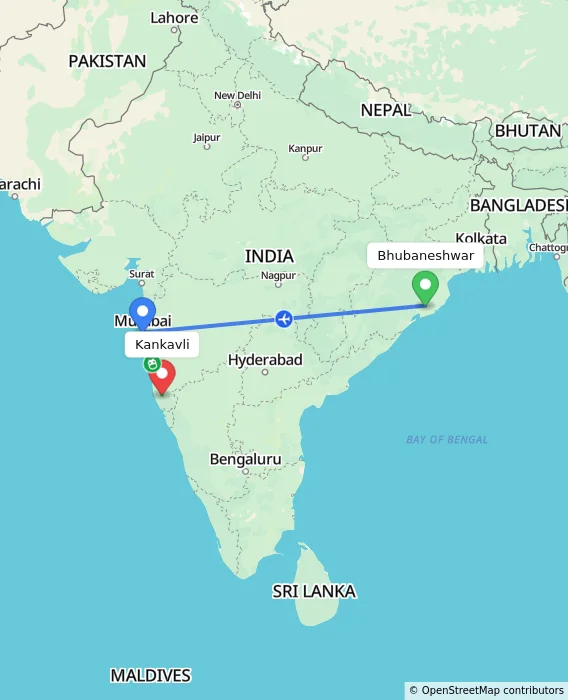Route map showing distance and travel time from Bhubaneshwar, India to Kankavli, India