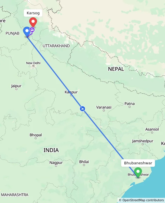 Route map showing distance and travel time from Bhubaneshwar, India to Karsog, India
