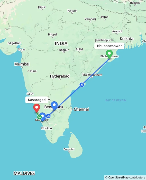 Route map showing distance and travel time from Bhubaneshwar, India to Kasaragod, India