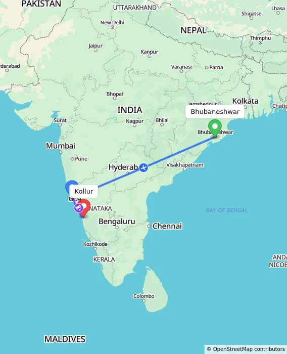 Route map showing distance and travel time from Bhubaneshwar, India to Kollur, India