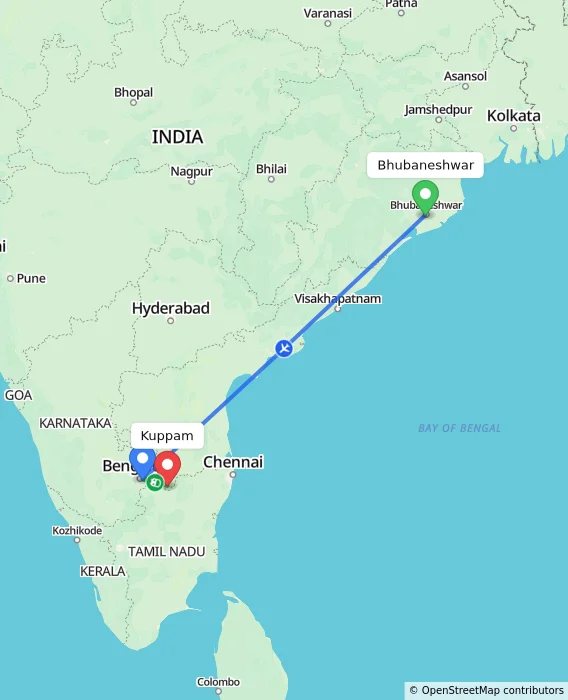 Route map showing distance and travel time from Bhubaneshwar, India to Kuppam, India