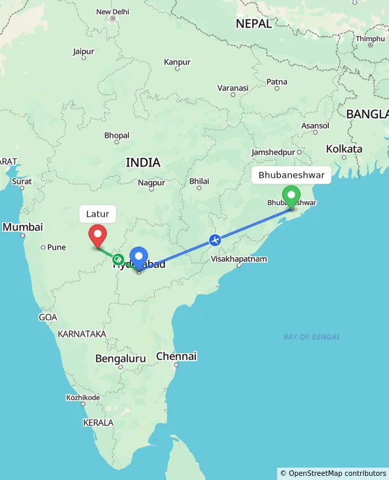 Route map showing distance and travel time from Bhubaneshwar, India to Latur, India
