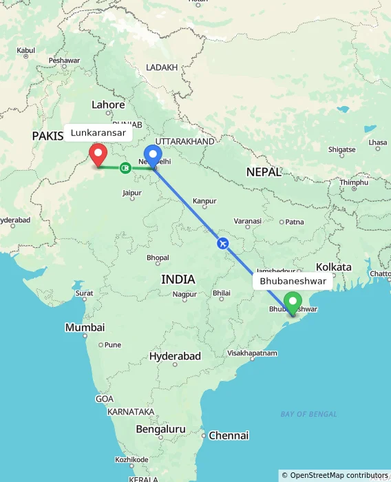 Route map showing distance and travel time from Bhubaneshwar, India to Lunkaransar, India
