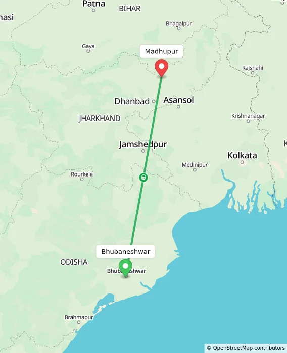 Route map showing distance and travel time from Bhubaneshwar, India to Madhupur, India