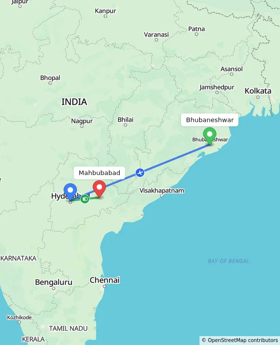 Route map showing distance and travel time from Bhubaneshwar, India to Mahbubabad, India