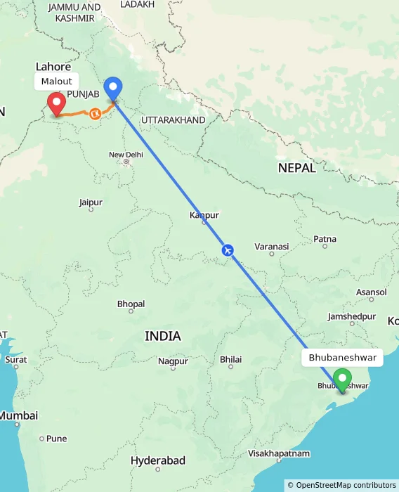 Route map showing distance and travel time from Bhubaneshwar, India to Malout, India