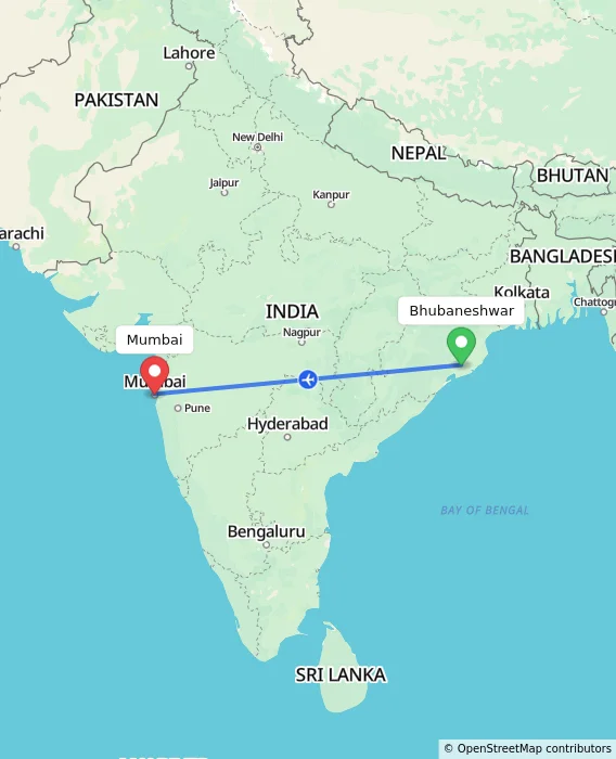 Route map showing distance and travel time from Bhubaneshwar, India to Mumbai, India