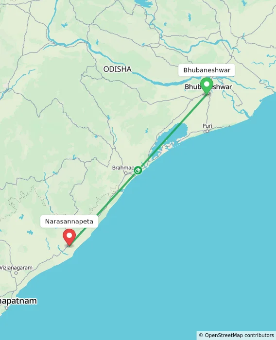 Route map showing distance and travel time from Bhubaneshwar, India to Narasannapeta, India