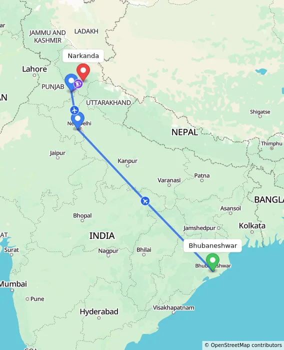 Route map showing distance and travel time from Bhubaneshwar, India to Narkanda, India