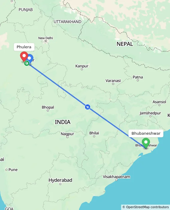 Route map showing distance and travel time from Bhubaneshwar, India to Phulera, India