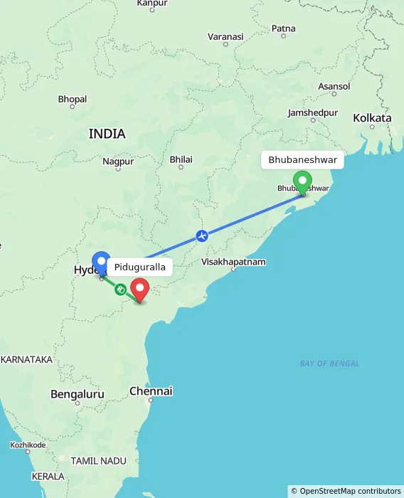 Route map showing distance and travel time from Bhubaneshwar, India to Piduguralla, India