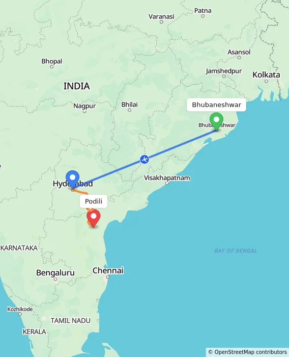 Route map showing distance and travel time from Bhubaneshwar, India to Podili, India