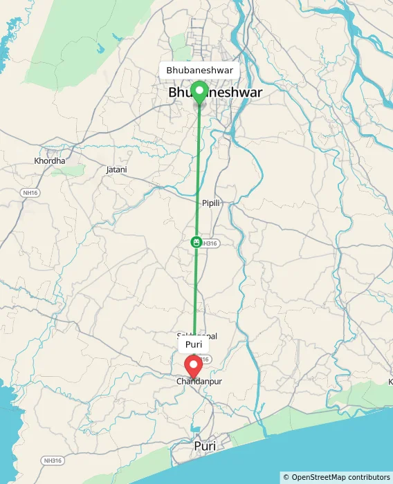 Route map showing distance and travel time from Bhubaneshwar, India to Puri, India