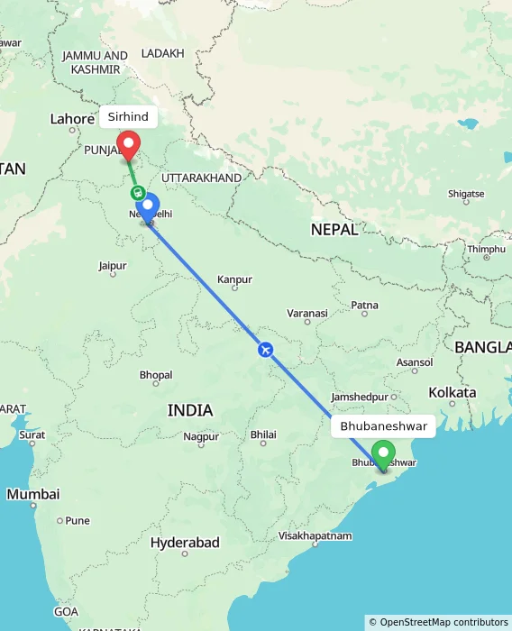 Route map showing distance and travel time from Bhubaneshwar, India to Sirhind, India
