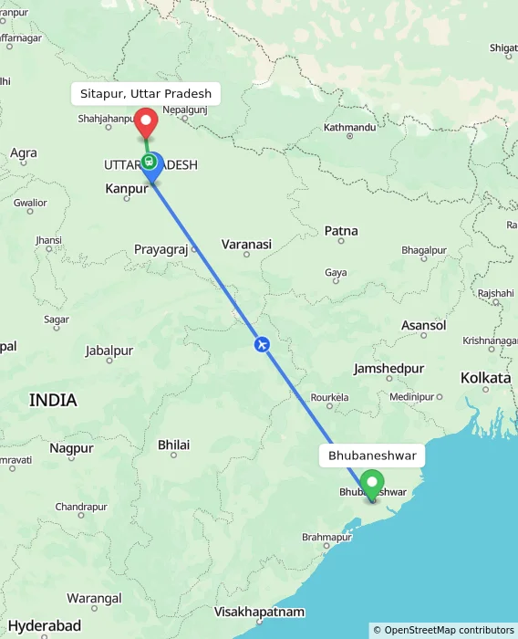 Route map showing distance and travel time from Bhubaneshwar, India to Sitapur, Uttar Pradesh, India