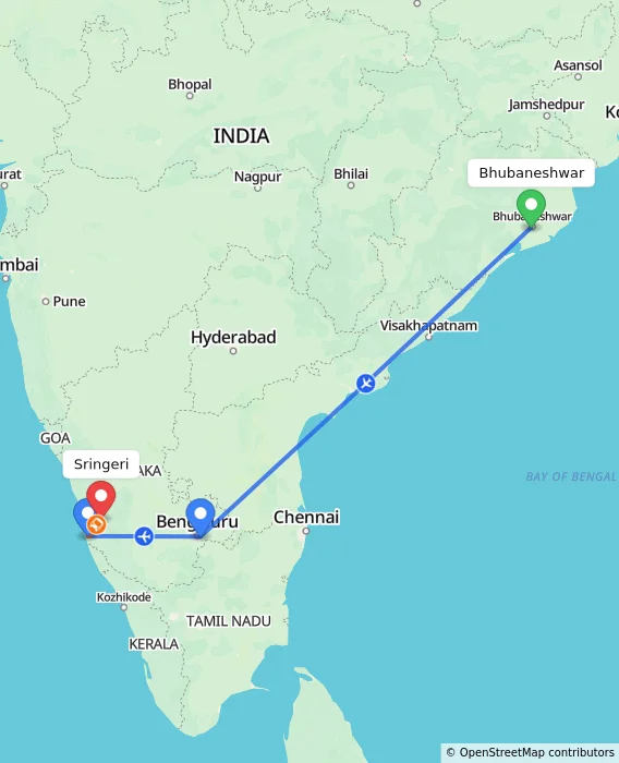 Route map showing distance and travel time from Bhubaneshwar, India to Sringeri, India