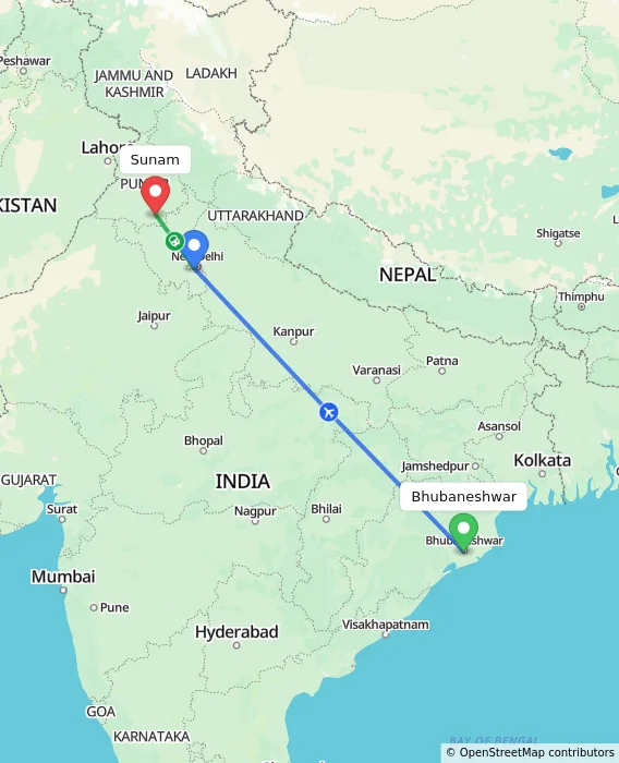 Route map showing distance and travel time from Bhubaneshwar, India to Sunam, India