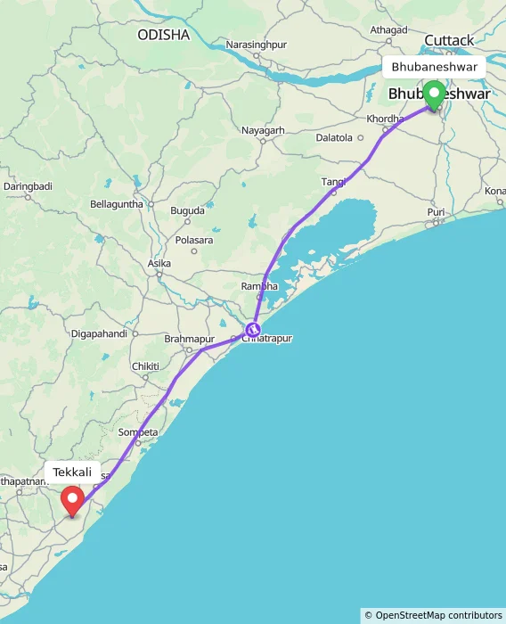 Route map showing distance and travel time from Bhubaneshwar, India to Tekkali, India