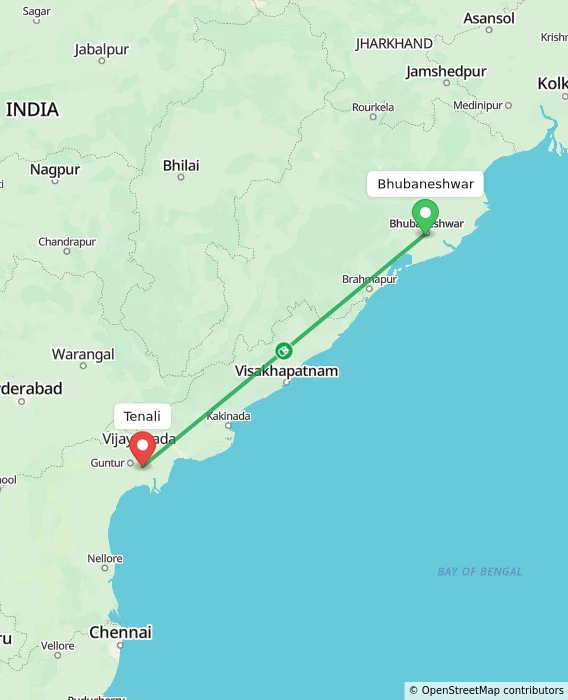 Route map showing distance and travel time from Bhubaneshwar, India to Tenali, India