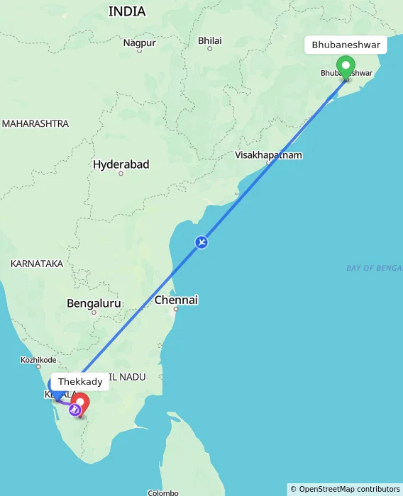 Route map showing distance and travel time from Bhubaneshwar, India to Thekkady, India