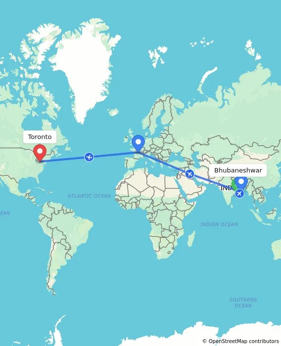Route map showing distance and travel time from Bhubaneshwar, India to Toronto, Canada