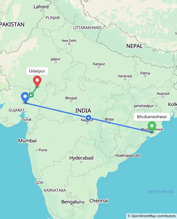 Route map showing distance and travel time from Bhubaneshwar, India to Udaipur, India