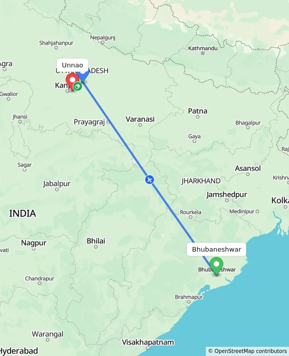 Route map showing distance and travel time from Bhubaneshwar, India to Unnao, India