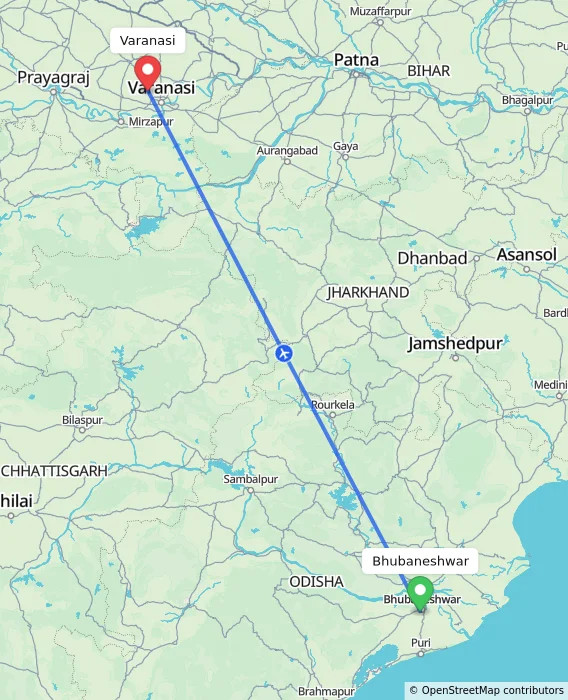 Route map showing distance and travel time from Bhubaneshwar, India to Varanasi, India