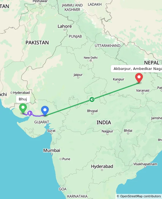 Route map showing distance and travel time from Bhuj, India to Akbarpur, Ambedkar Nagar, India