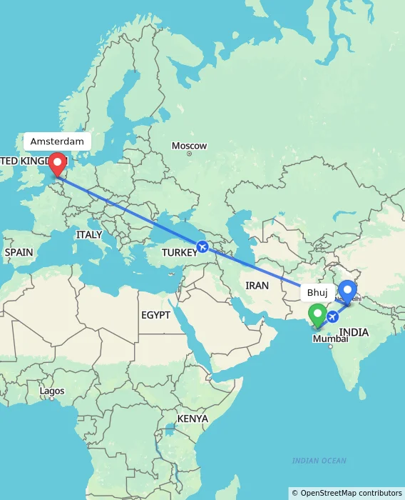Route map showing distance and travel time from Bhuj, India to Amsterdam, Netherlands
