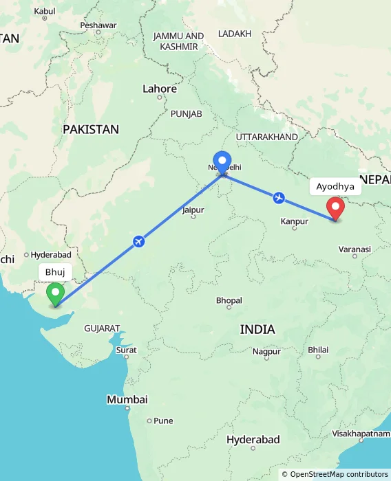 Route map showing distance and travel time from Bhuj, India to Ayodhya, India