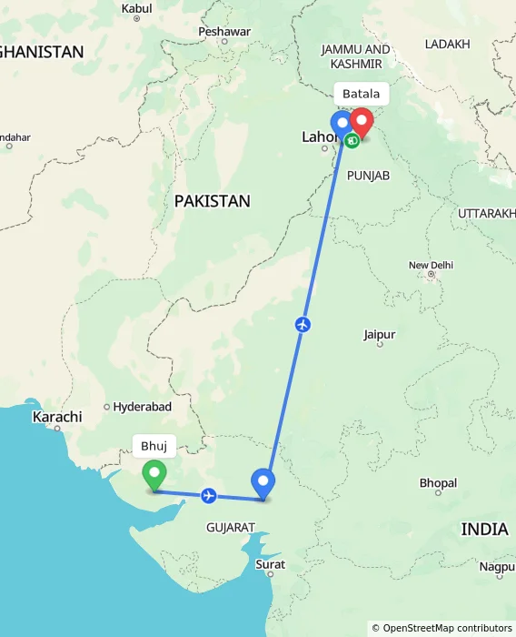Route map showing distance and travel time from Bhuj, India to Batala, India