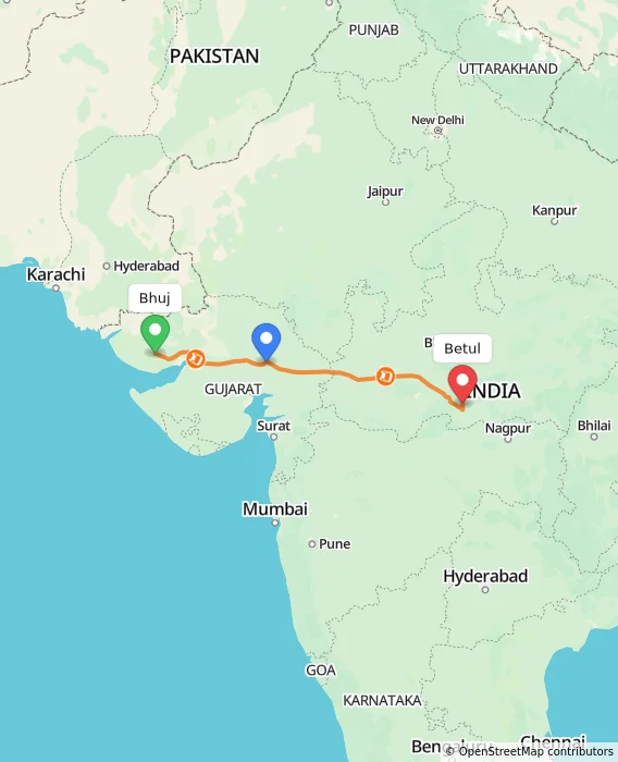 Route map showing distance and travel time from Bhuj, India to Betul, India