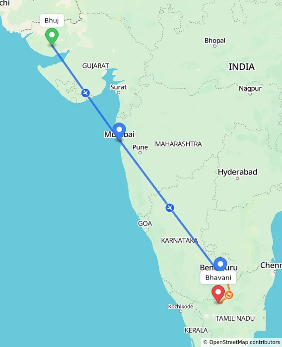 Route map showing distance and travel time from Bhuj, India to Bhavani, India