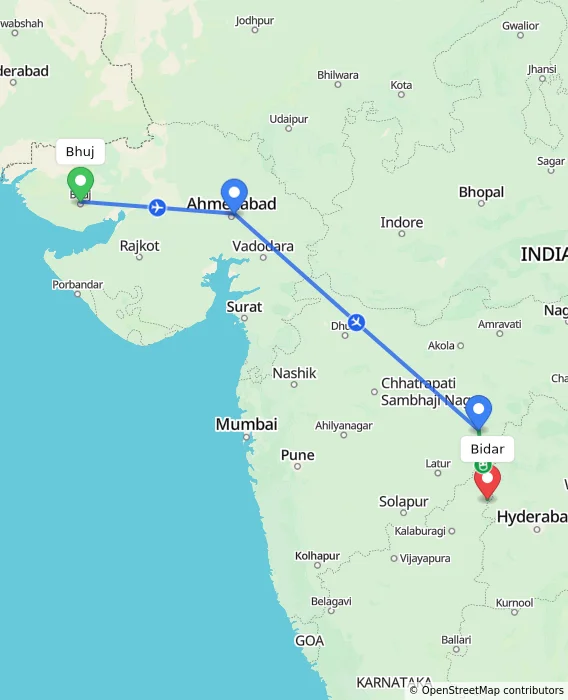Route map showing distance and travel time from Bhuj, India to Bidar, India