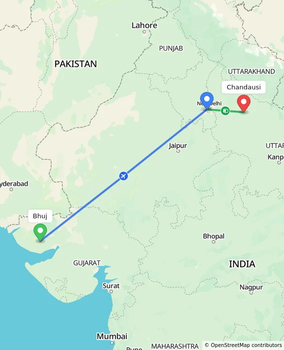 Route map showing distance and travel time from Bhuj, India to Chandausi, India