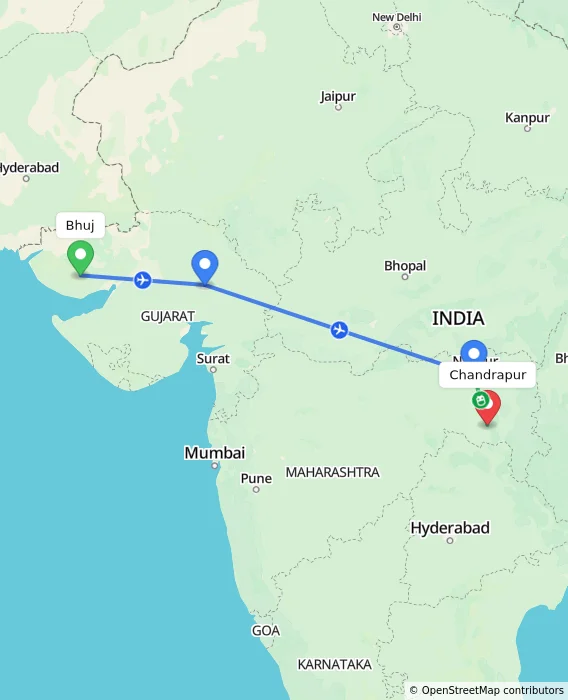 Route map showing distance and travel time from Bhuj, India to Chandrapur, India