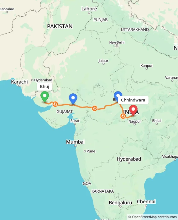 Route map showing distance and travel time from Bhuj, India to Chhindwara, India