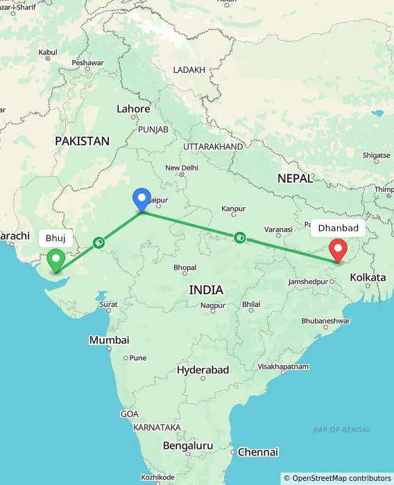 Route map showing distance and travel time from Bhuj, India to Dhanbad, India