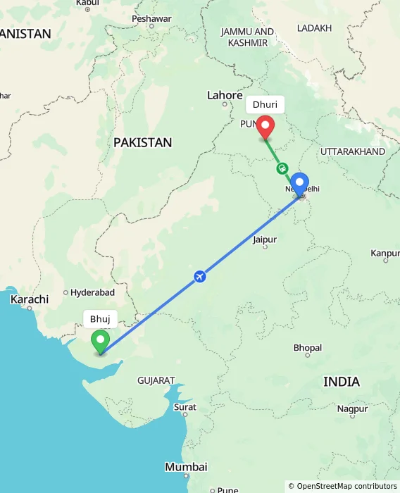 Route map showing distance and travel time from Bhuj, India to Dhuri, India