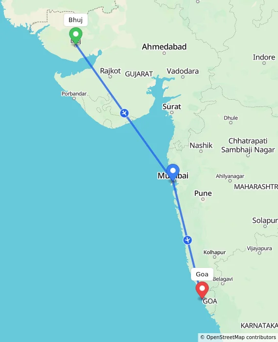Route map showing distance and travel time from Bhuj, India to Goa, India