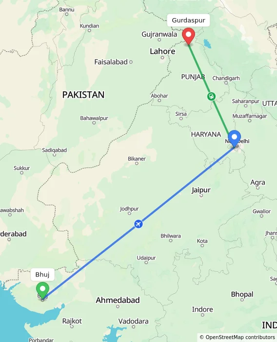 Route map showing distance and travel time from Bhuj, India to Gurdaspur, India