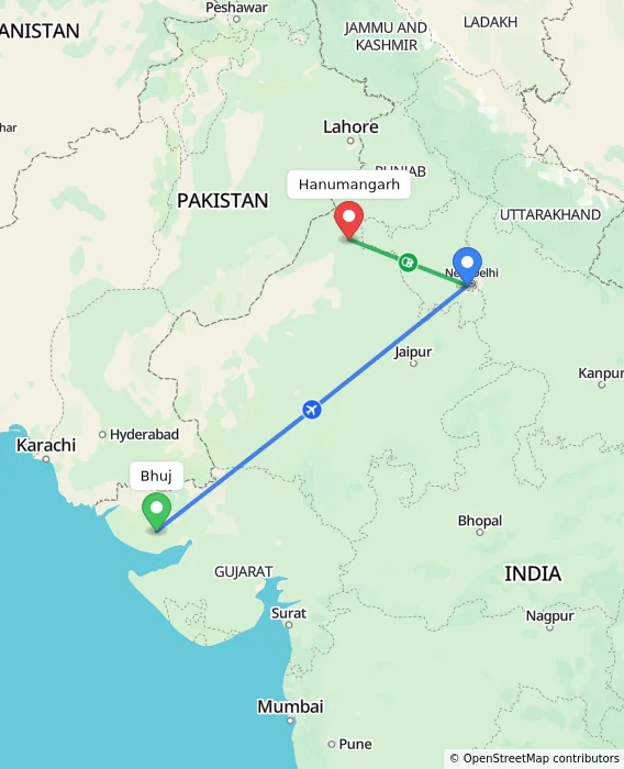 Route map showing distance and travel time from Bhuj, India to Hanumangarh, India