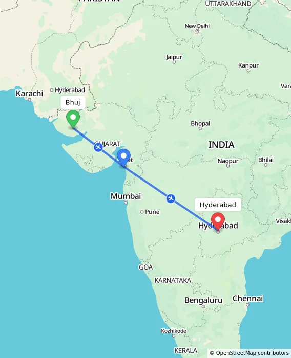 Route map showing distance and travel time from Bhuj, India to Hyderabad, India