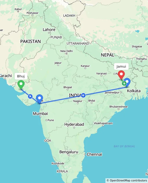 Route map showing distance and travel time from Bhuj, India to Jamui, India